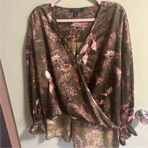 All Saints Olive Bird Print Wrap Blouse